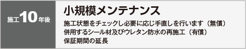 施工１０年後：小規模メンテナンス　施工状態をチェックし必要に応じ手直しを行います（無償）　併用するシール材及びウレタン防水の再施工（有償）　保証期間の延長