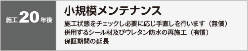 施工２０年後：小規模メンテナンス　施工状態をチェックし必要に応じ手直しを行います（無償）　併用するシール材及びウレタン防水の再施工（有償）　保証期間の延長